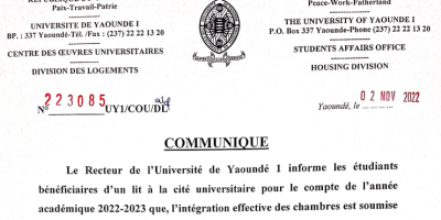 Cameroon (University of Yaoundé I) Conditions for integrating rooms for residents of the Cité Universitaire for the 2022-2023 academic year