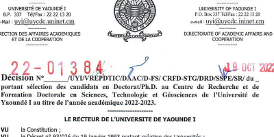 Cameroon (University of Yaoundé I) Decisions on the selection of candidates for the ICT4D Pro License – Master 2 and Doctorate PhD in the CRFDs for the 2022-2023 academic year