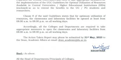 India (University of Delhi) Notification – Implementation of UGC Guidelines for Optimal Utilization of Resources Available in Central Universities/ Higher Educational Institutions (HEIs)