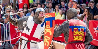 UK (University of Leeds) Medieval knights clash swords on campus
